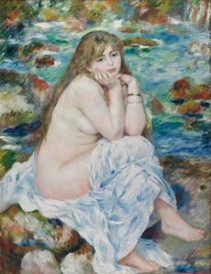 PIERRE-AUGUSTE RENOIR (FRENCH, 1841-1919), "SEATED BATHER" c. 1883-84, Oil on canvas, 47 1/8 × 36 5/8 in. Harvard Art Museums/Fogg Museum Bequest from the collection of Maurice Wertheim, class of 1906