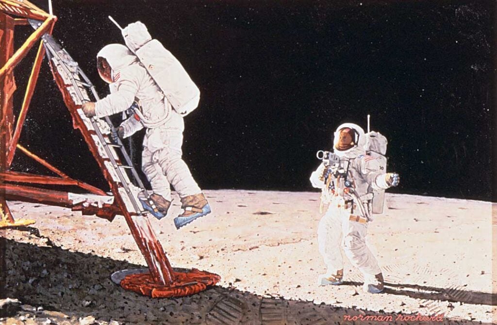 Norman Rockwell (1894-1978), "The Final Impossibility: Man's Tracks on the Moon (Two Men on the Moon)," 1969. Oil on canvas, 42½" x 61½". Story illustration for "Look," December 30, 1969. Collection of the National Air and Space Museum, Smithsonian Institution. 