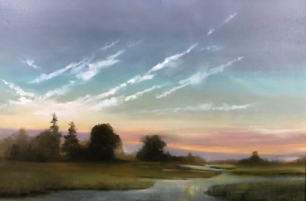 Painting of a green marsh with a pastel rainbow colored sky scattered with white clouds