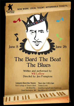 A punchy compilation of Shakespeare monologues, Beat poetry, and live music composed and performed by Will LeBow. The Bard The Beat The Blues raises some of Shakespeare’s most memorable language and characters, mixed with LeBow’s original songs and the poetry of Lawrence Ferlinghetti.