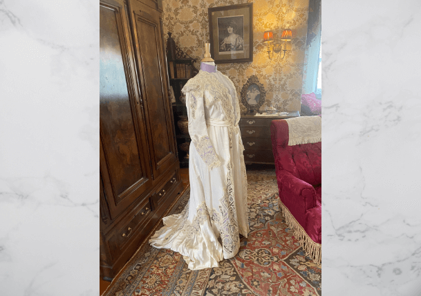 On display now through the end of the summer at Ventfort Hall is an exhibit of women’s fashion which includes 14 vintage dresses, ranging from 1850 to 1960, as well as various accessory pieces.