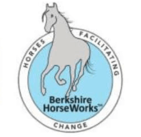 The Berkshire HorseWorks logi, which is a grey horse galloping on a blue background