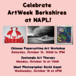A flyer for Celebrate ArtWeek Berkshires at the North Adams Public Library, noting three events