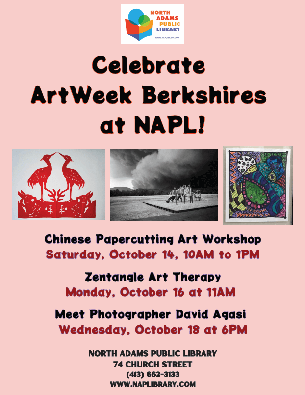 A flyer for Celebrate ArtWeek Berkshires at the North Adams Public Library, noting three events