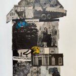 A collage of black and white photos and colorful drawn images arranged in the shape of a house, representing a mid-century American life