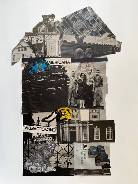 A collage of black and white photos and colorful drawn images arranged in the shape of a house, representing a mid-century American life