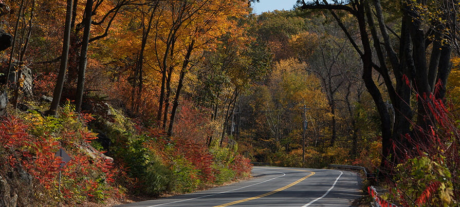 Open road on Route 2 Mohawk Trail surrounded by colorful fall foliage