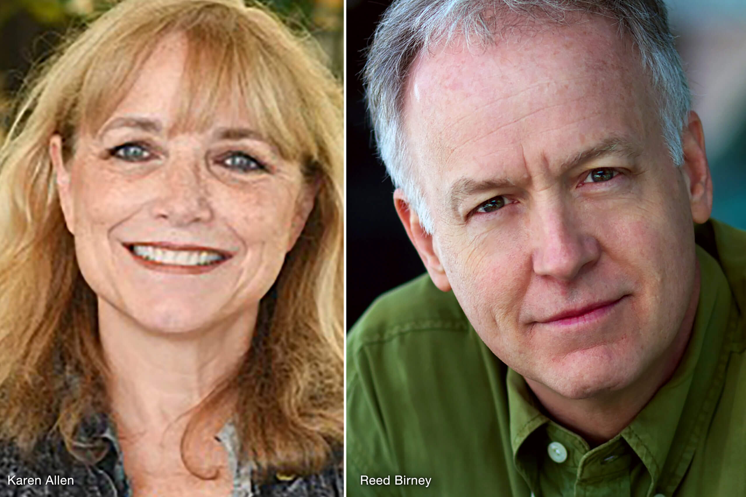 Headshots of actors Karen Allen and Reed Birney
