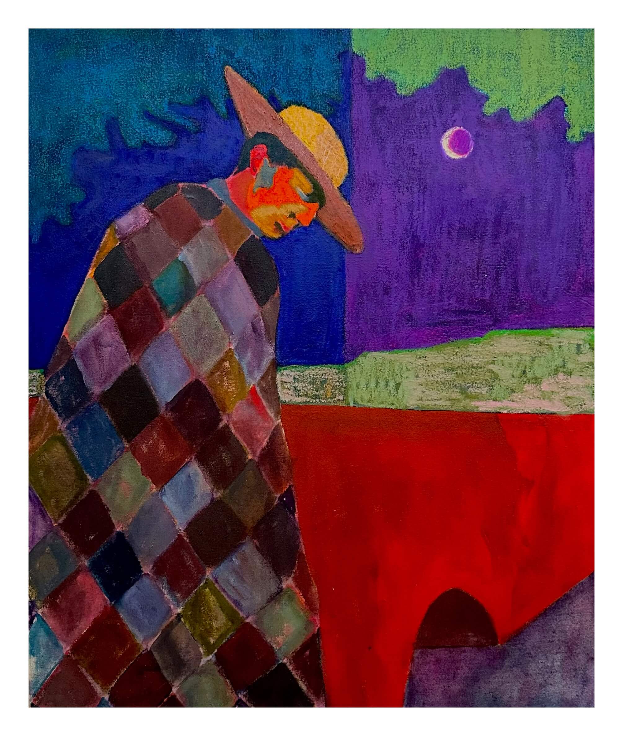 A painting featuring a man in a multi-colored coat and wide brim hat with an evening background