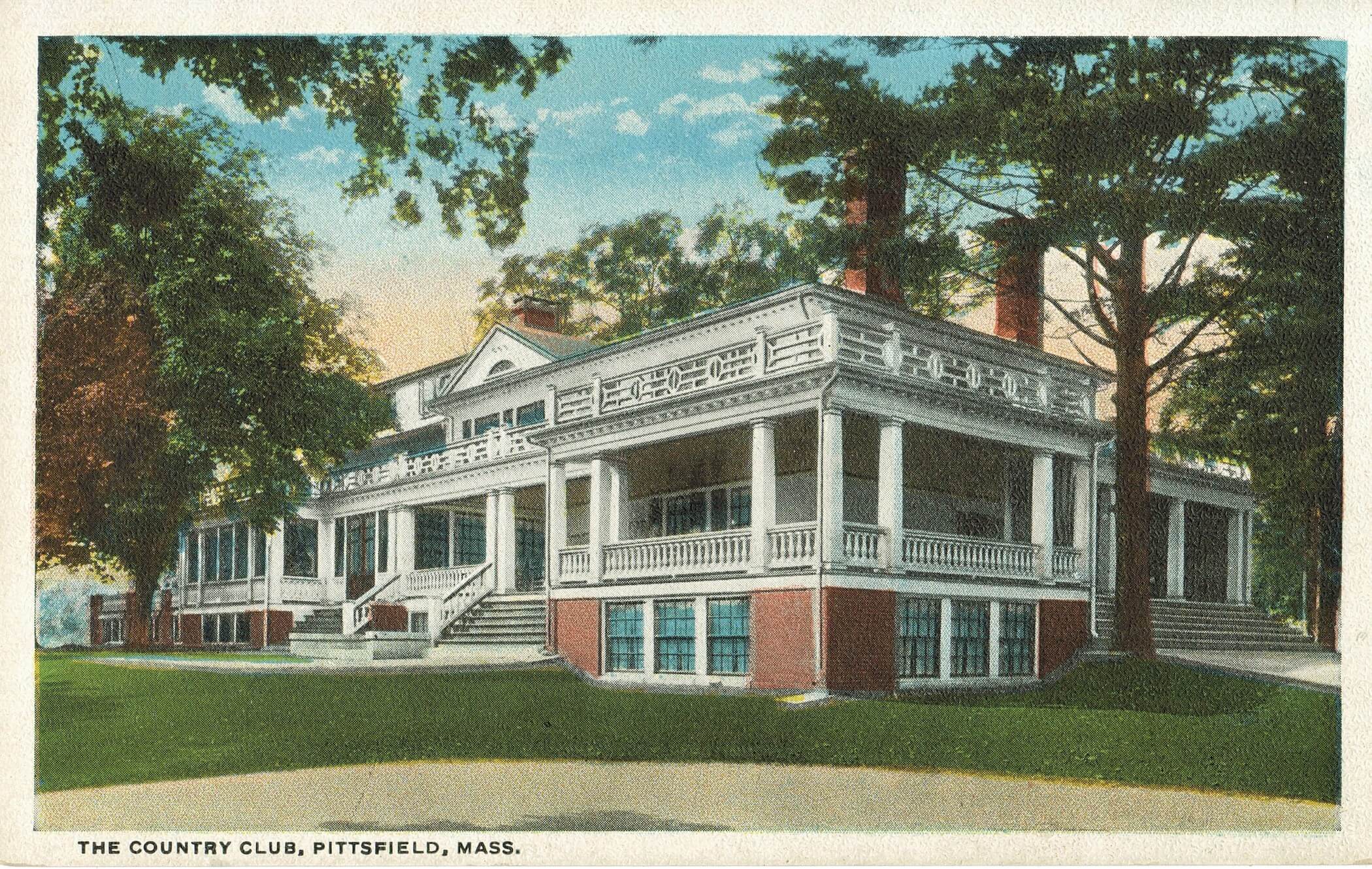 hand drawn and colored post card of the Country Club of Pittsfield