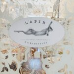Lapin Curiosities logo, including a running rabbit on a stenciled door