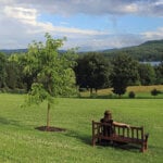 A person sits on a wooden bench in the middle of a green lawn at Kripalu with a blue sky and rainbow overhead