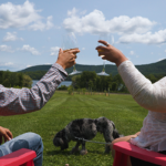 A couple sits looking out over the lawn at Balderdash Cellars. They raise their wine glasses to cheers as a dog sniffs the ground at their feet.