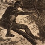 A soldier takes arm high up in a tree