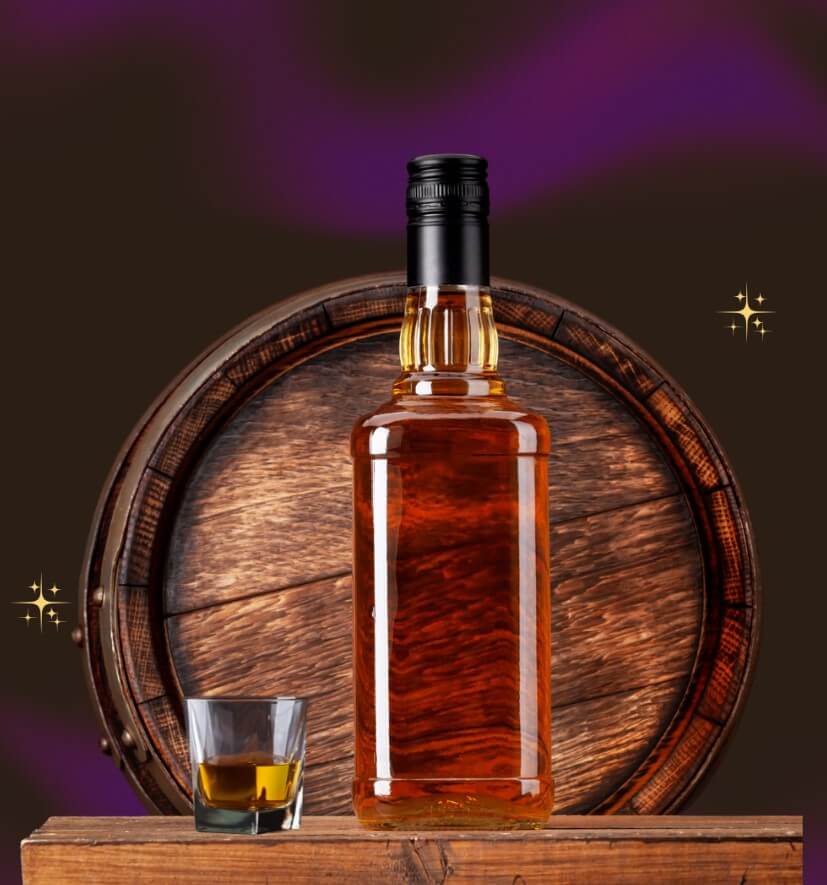 A barrel and bottle of whiskey