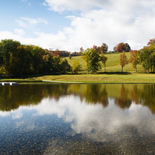 The still reflection pond at Clark Art, showing trees and clouds in the water