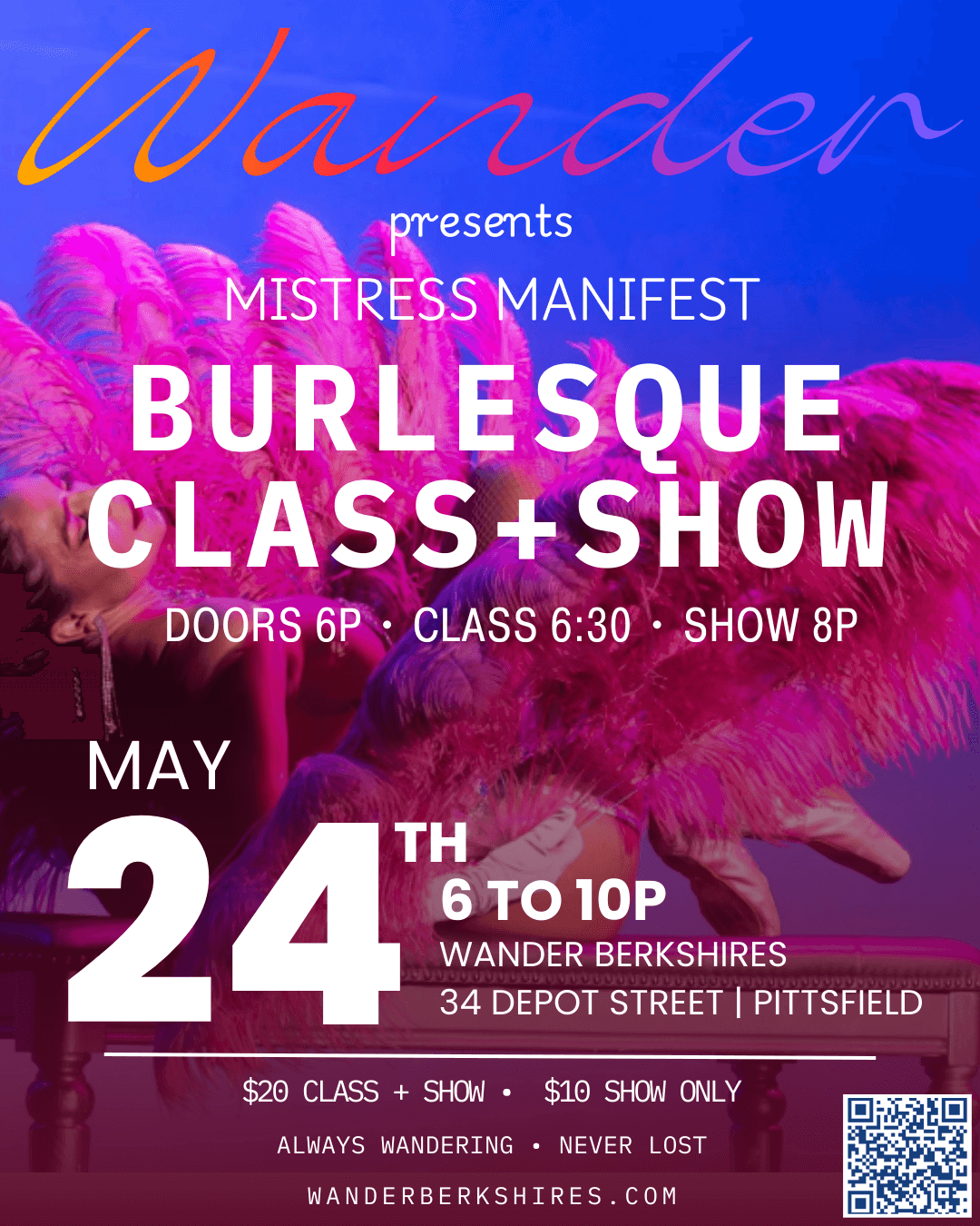 Flyer for Wander's Burlesque class and show