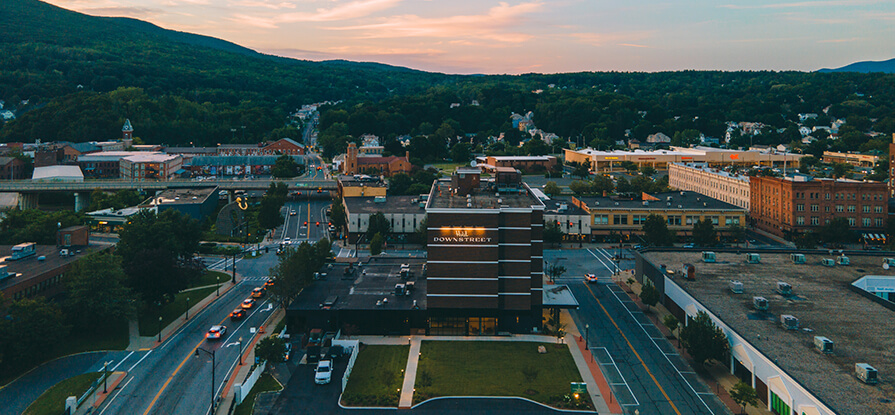 Aerial view of Hotel Downstreet in downtown North Adams