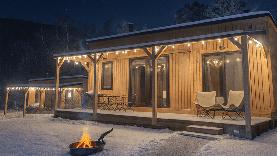 Huttopia Berkshires cabin stands lit up with fresh snow and a fire pit in the middle of winter. 