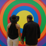 A couple stands in front of art at MASS MoCA holding hands