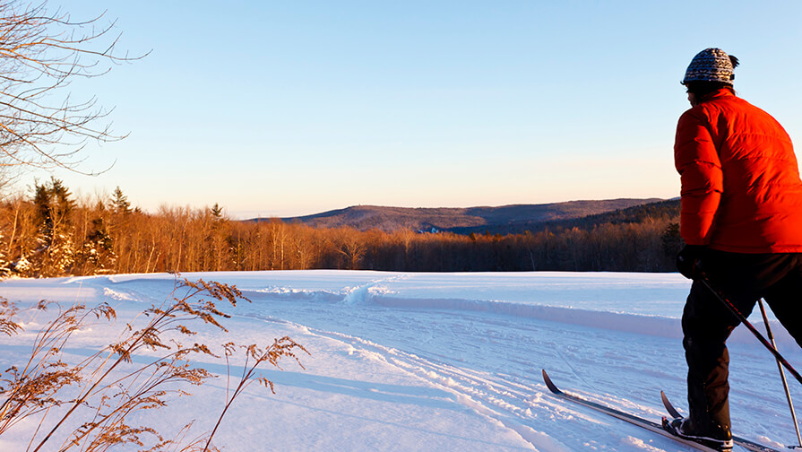 A man looks out on the snowy Berkshire landscape as he cross country skis at Notchview